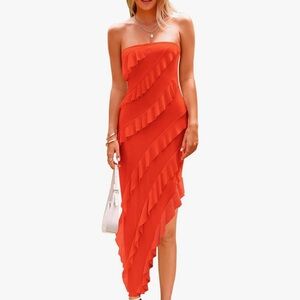 Pretty Garden Strapless Tube Ruffle Elegant Dinner Cocktail Long Dress